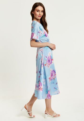 Liquorish - Robe mi-longue à imprimé floral avec détail en maille - Bleu 4