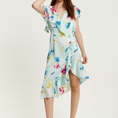 Liquorish Floral Print Midi Wrap Dress in Mint Green