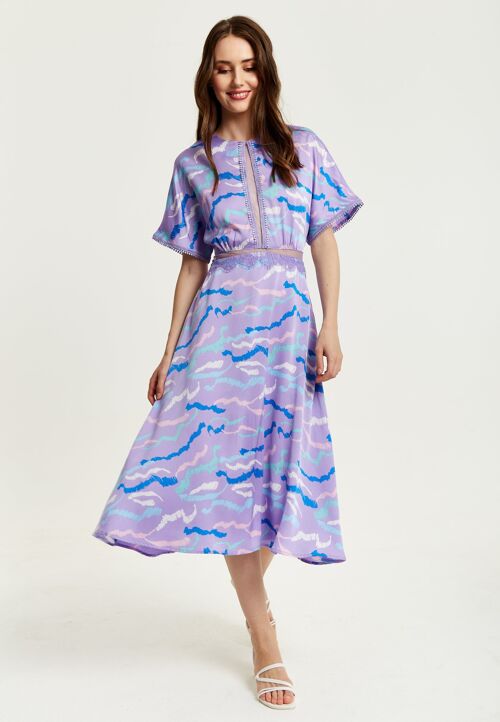 Liquorish Midi Abstract Zebra Print Dress With Mesh Detail In Lilac