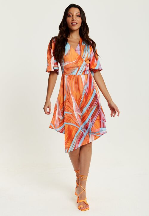 Liquorish Mini Abstract Print Wrap Dress in Orange