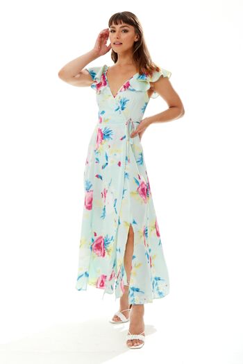 Liquorish Maxi robe portefeuille à imprimé floral en vert menthe 1