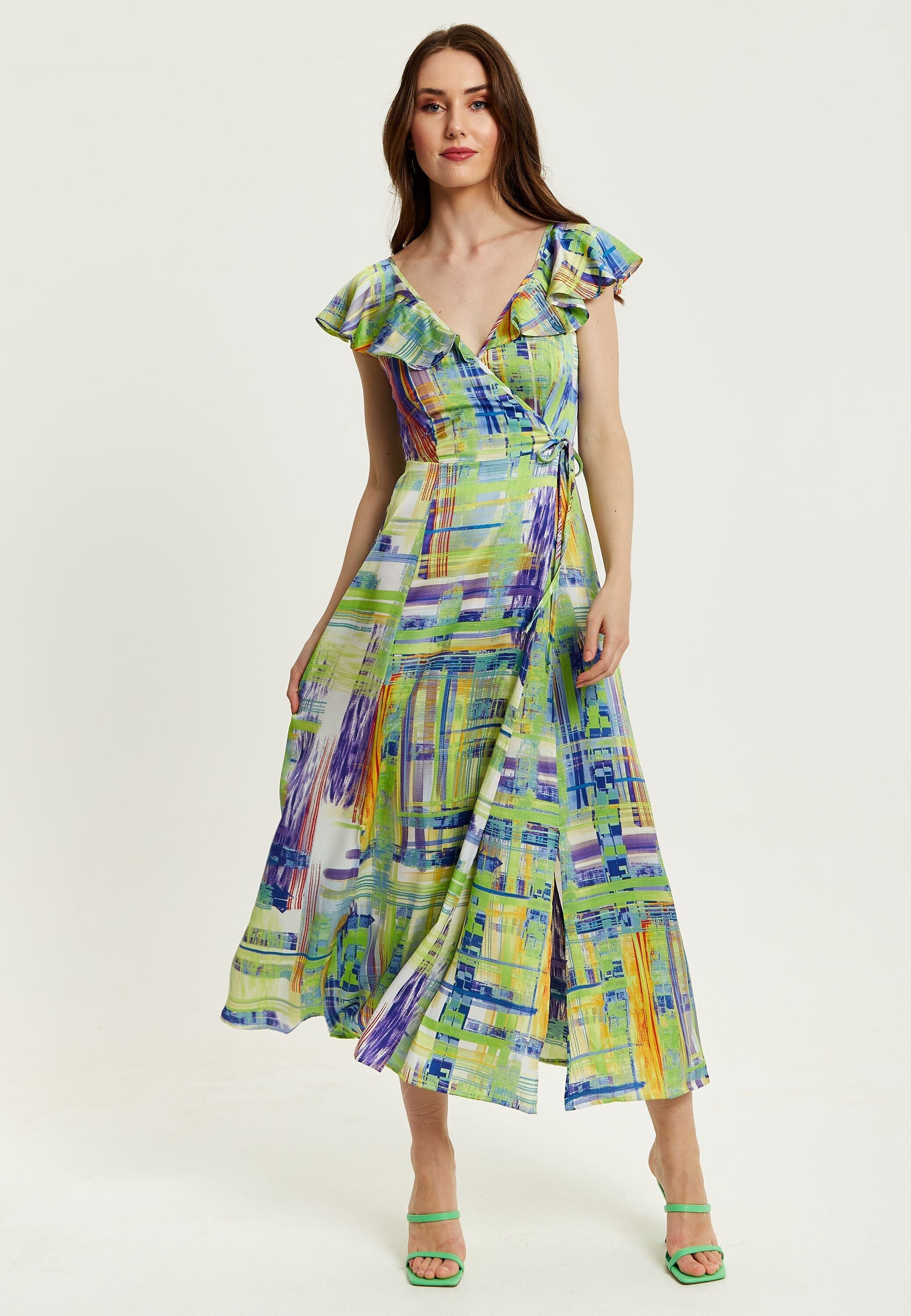Liquorish – Maxi-Wickelkleid mit abstraktem Print in Salbei und Lila
