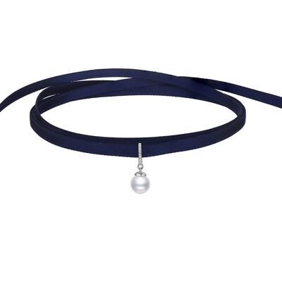 Gargantilla de perlas con banda ajustable de seda azul real