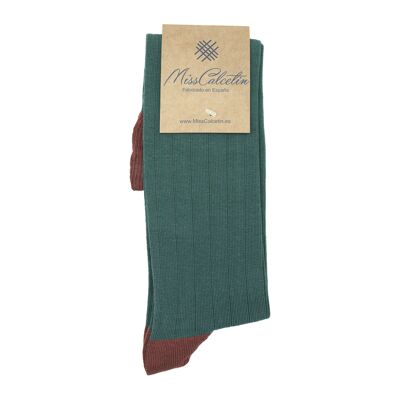 Miss Evergreen-Coral Ribbed High Cane Sock