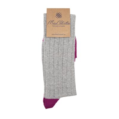 Miss Ribbed High Cane Sock Light Grey-Fuchsia