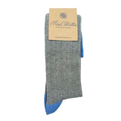 Miss Medium Gray Ribbed High Cane Sock-Blue