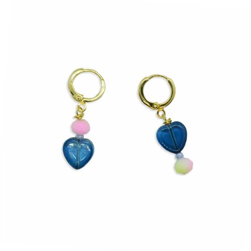 Asymmetric hearts huggie earrings, Blue pendant earrings small hoop