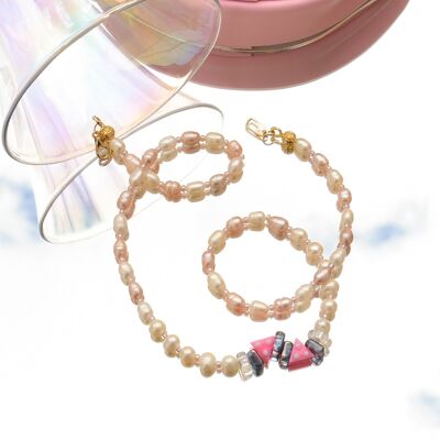 Pearl necklace with pink details, White beaded necklace for her