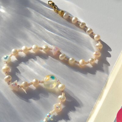 Weiße Perlenkette mit blauen Perlen, schöne Perlenhalskette