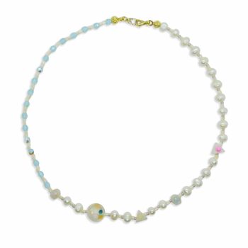 Collier de perles blanches avec perles bleues, joli collier ras de cou perlé 2