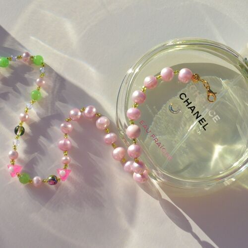 Pearl and beads necklace stylish, Pink beaded choker necklace