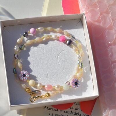 Floral beaded choker necklace pastel, Pearl necklace for her