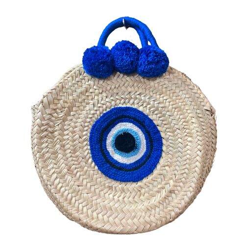 Evil eye round straw bags with 3 pompoms