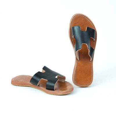 H shaped Black leather Sandal