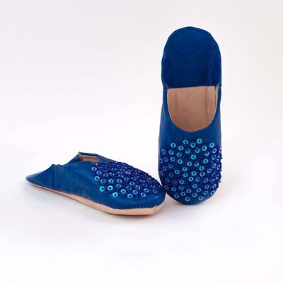 Pantofole babouche ricamate a mano con paillettes blu