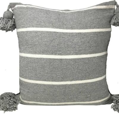 FUNDA DE ALMOHADA POMPONES GRIS Y BLANCO TEJIDO A MANO 50X50