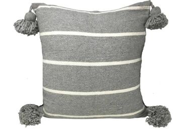 HOUSSE D'OREILLER GRIS & BLANC POMPON TISSÉ MAIN 50X50