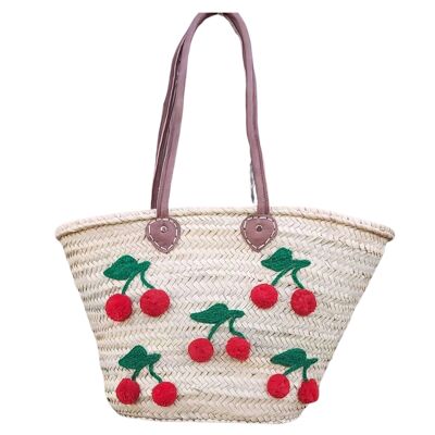Large straw bags with cherry embroidery