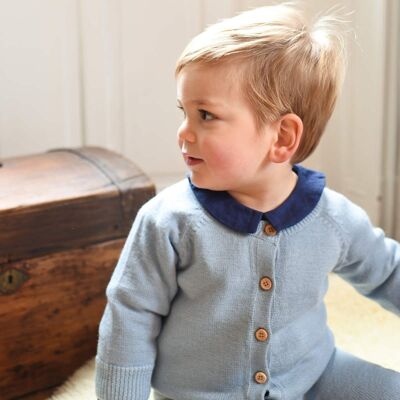 Viktorianischer blauer Strick-Cardigan aus 100 % Wolle – Baby