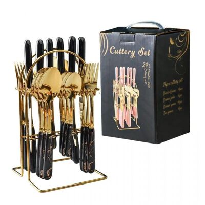 Cutlery set of 24 pieces on a ceramic base stainless steel handle in gold - black MB-2682A