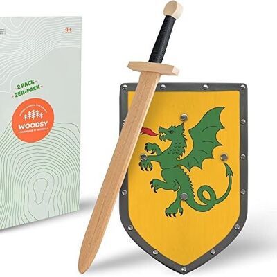 WOODSY ® scudo e spada bambini 57,5 cm di lunghezza | Spada in vero legno