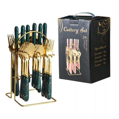 Cutlery set of 24 pieces on a ceramic base stainless steel handle in gold - green MB-2682B