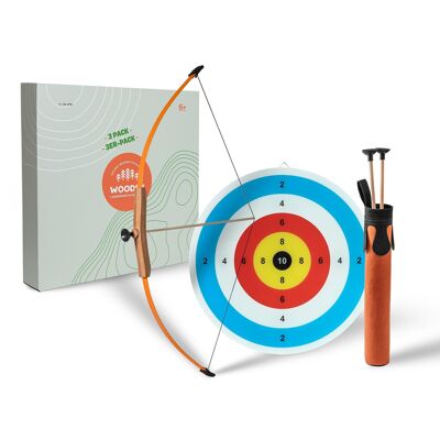 Set de arco y flecha para niños | Juguete de madera con 3 flechas, carcaj y diana