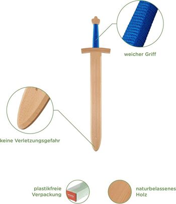 Épée jouet en bois véritable, bleue, grande, 57 cm 2