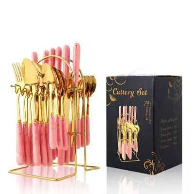 Besteckset mit 24 Teilen auf Keramikbasis, Edelstahlgriff in Gold – Rosa MB-2682C