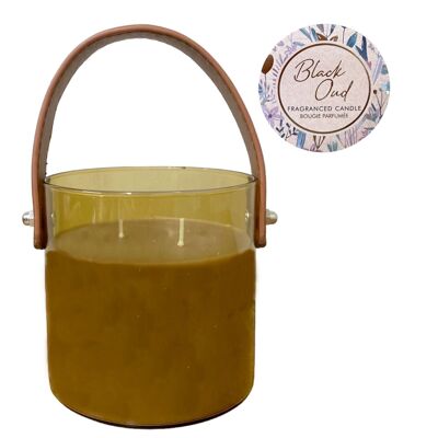 Bougeoir Oud noir avec anse en cuir