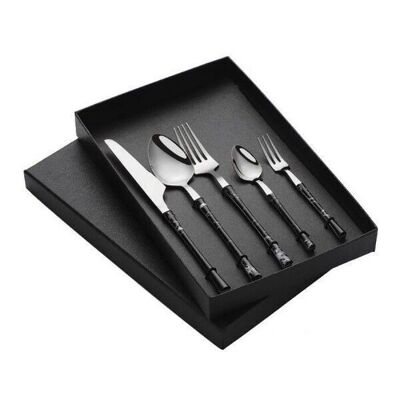 Cutlery set of 5 pieces with ceramic handle and face marble, stainless steel in black - silver MB-2687