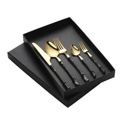 Cutlery set of 5 pieces with ceramic handle and face marble, stainless steel in black - gold MB-2688