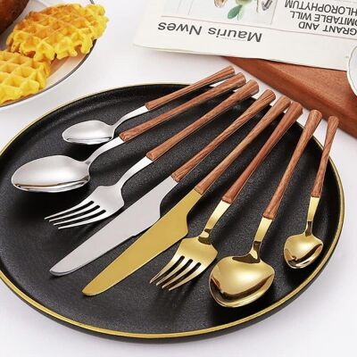Cutlery set of 24 pieces with wooden handle made of stainless steel in silver MB-2689