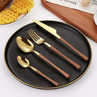 Cutlery set of 24 pieces with wooden handle made of stainless steel in gold MB-2690