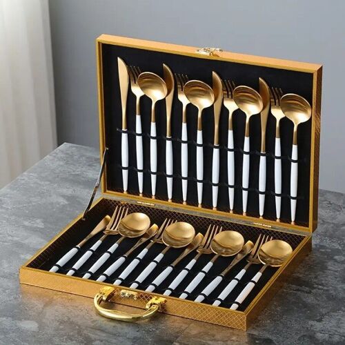 Cutlery set of 24 pieces in gold - white, high quality stainless steel, with luxury case MB-2695
