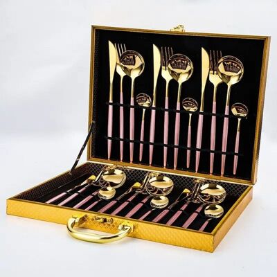 Juego de cubiertos de 24 piezas en oro - rosa, acero inoxidable de alta calidad, con estuche de lujo MB-2693