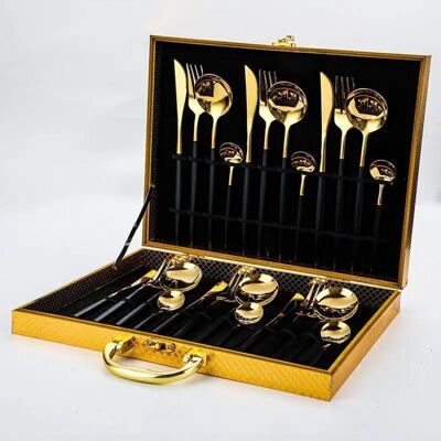 Juego de cubiertos de 24 piezas en oro - negro, acero inoxidable de alta calidad, con estuche de lujo MB-2694