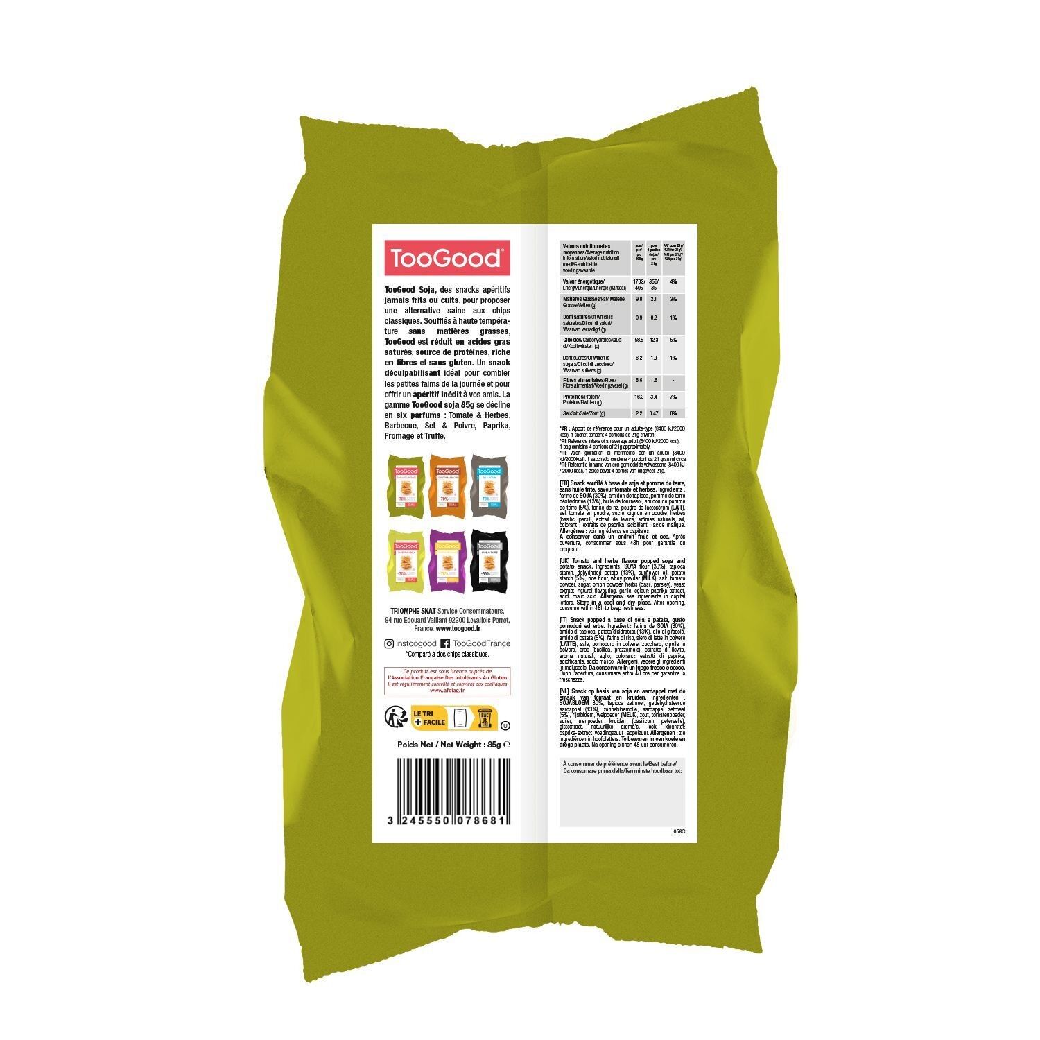 TOOGOOD - Busta da 85 gr di Snack Popped Soia e Patate - Gusto Pomodoro ed Erbe - Per un Aperitivo leggero e gustoso