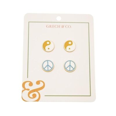 Emaille-Ohrring für Kinder, 2 Paar – Ying Yang + Friedenszeichen