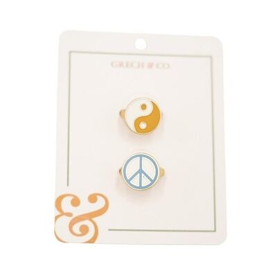 Juego de 2 pares de anillos de esmalte para niños - Ying Yang + signo de la paz