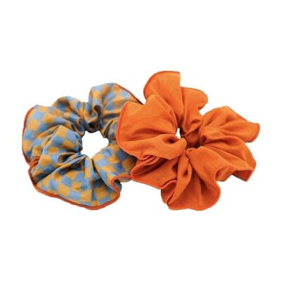 Hair Scrunchie Set of 2 - Checks  Laguna + Wheat