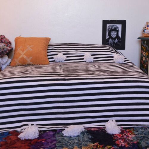 Moroccan blanket Black & White N stripes Tassels bed spread