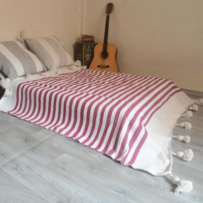 Moroccan blanket Hot Pink stripes Tassels bed spread