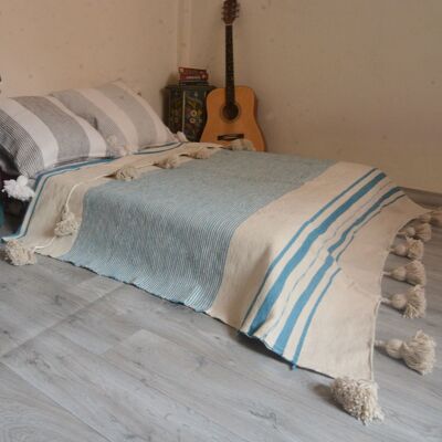 Moroccan blanket powder Blue stripes Tassels bed spread