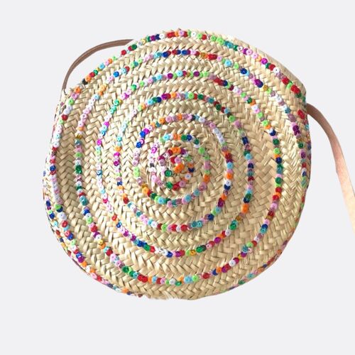 Multicolored Round spiral sequins Bag with natural Leather