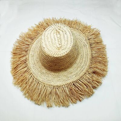 Cappello di paglia in foglia di palma con finiture in nappa di rafia