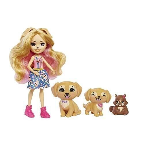 Mattel - réf : HHB85 - Enchantimals Coffret Famille avec la Poupée Gerika Golden Retriever (15 Cm) et 3 Figurines d’animaux