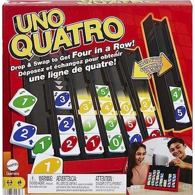 Mattel - Rif: HPF82 - Mattel Games -UNO Quatro, Gioco di tessere per famiglie per bambini e adulti, Giochi da tavolo per serate di gioco in famiglia o viaggi, da 2 a 4 giocatori, Giocattolo per bambini dai 7 anni in su