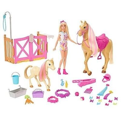 Mattel - réf : HGB58 - Barbie - Coffret Toilettage des Chevaux Barbie avec 1 poupée - Poupée Mannequin - 3 ans et +