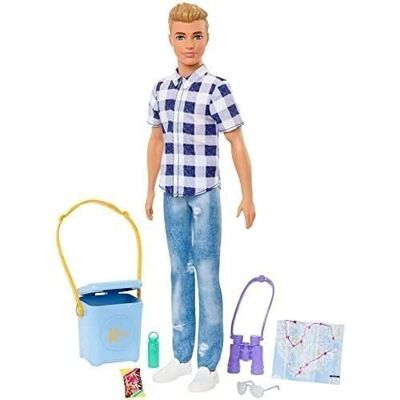 Mattel – Ref: HHR66 – Barbie – Ken Camping mit kariertem Hemd, Jeans im Used-Look und weißen Turnschuhen – Modepuppe
